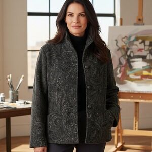 Orvis Jacket Women's Size M Paisley Button Front Long‎ Sleeve Boho Deep Green